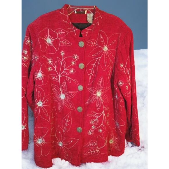 Draper’s & Damon’s Red Knit Jacket Poinsettia Embroidery Petite PL Holiday - Picture 1 of 8